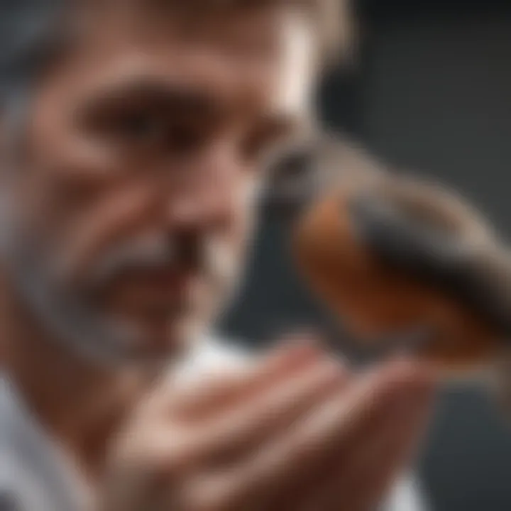 A close-up of an avian veterinarian examining a bird