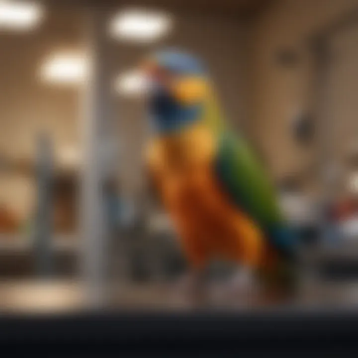 Colorful variety of pet birds in a veterinary clinic