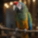 A parrot standing elegantly on a perch, showcasing its vibrant feathers.