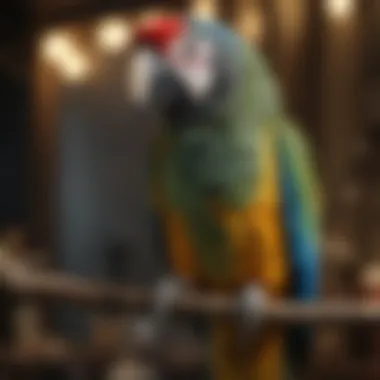 A parrot standing elegantly on a perch, showcasing its vibrant feathers.