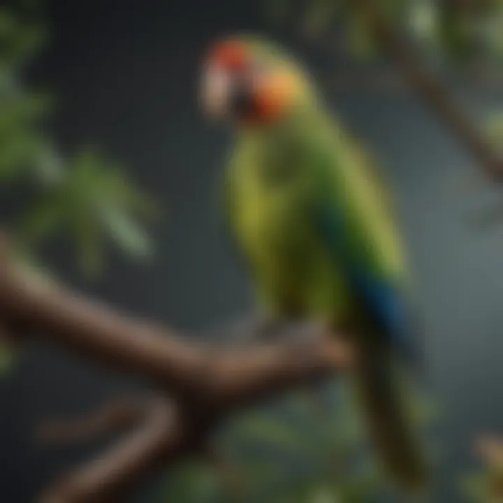 A close-up of a parrot's feet gripping a branch, highlighting its standing technique.