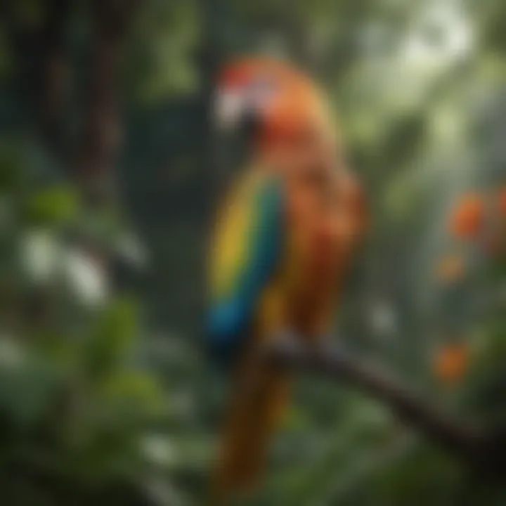 An outdoor setting where a parrot is standing amidst natural foliage, reflecting its habitat.