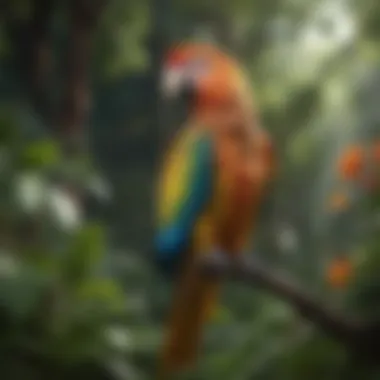 Standing in Nature: Parrots and Their Environment An outdoor setting where a parrot is standing amidst natural foliage, reflecting its habitat.