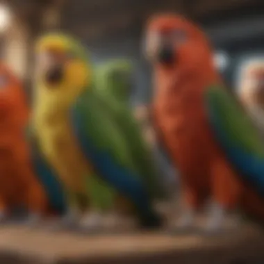 A group of parrots standing together, demonstrating social dynamics within their flock.