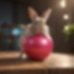 A curious bunny exploring a colorful exercise ball