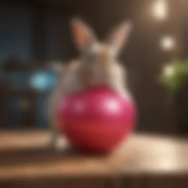 A curious bunny exploring a colorful exercise ball