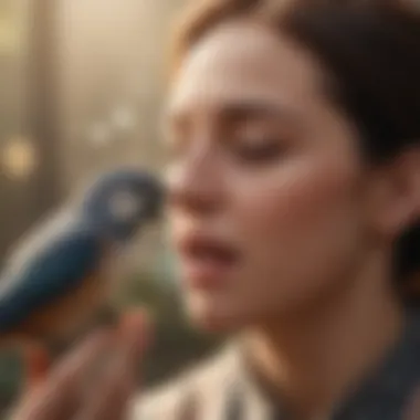 Recognizing Allergy Symptoms with Pet Birds Person sneezing while interacting with a pet bird, showcasing allergy symptoms.