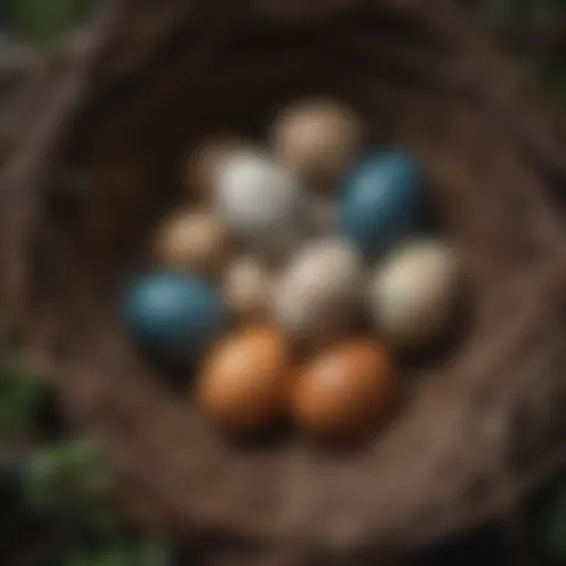 A collection of bird eggs in a nest, showcasing various colors and sizes.