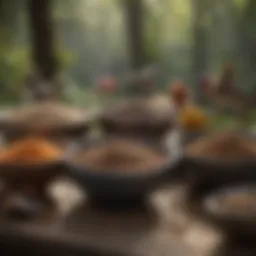 A variety of birdseed ingredients displayed in bowls