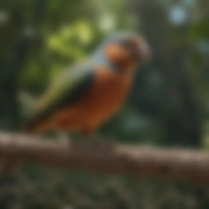 Close-up of a bird using a climbing net as part of its jungle gym setup.