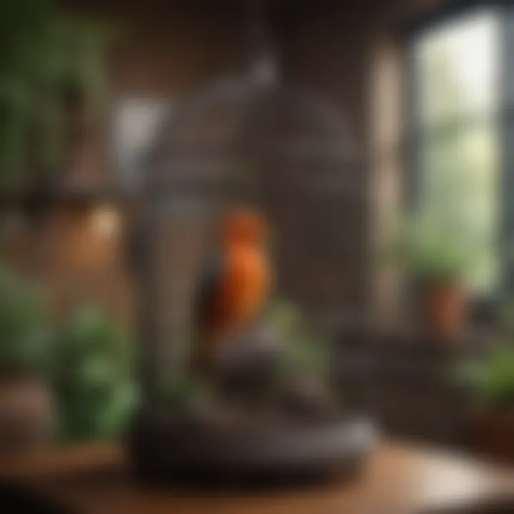 A serene setting with a birdcage, emphasizing a well-maintained habitat.