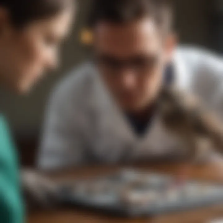 A veterinarian examining a bird in a clinical setting.