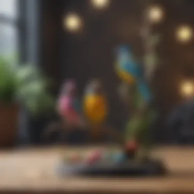 Vibrant Bird Stand with Toys A beautifully arranged bird stand adorned with colorful toys