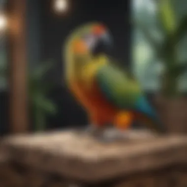 A parrot happily perched on a natural wood stand