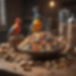 A vibrant assortment of healthy bird treats displayed on a wooden table.