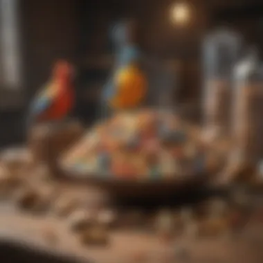 A vibrant assortment of healthy bird treats displayed on a wooden table.