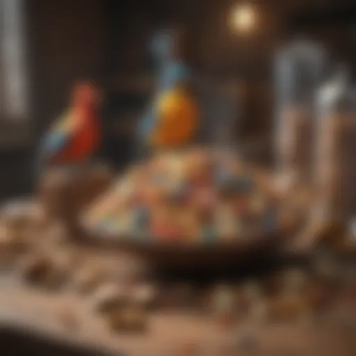 A vibrant assortment of healthy bird treats displayed on a wooden table.