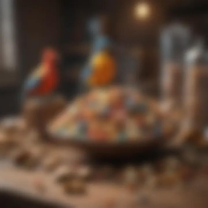 A vibrant assortment of healthy bird treats displayed on a wooden table.