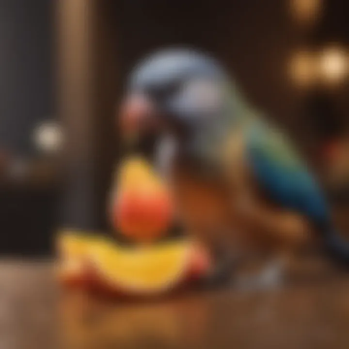 A close-up of a pet bird enjoying a fresh fruit treat.