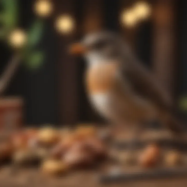 A bird perched on a branch with various treats in the background.
