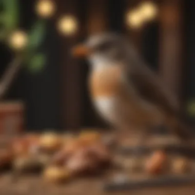 Bird Perched Among Treats A bird perched on a branch with various treats in the background.