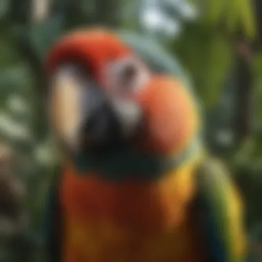 A vibrant parrot in a tropical setting showcasing its natural behavior