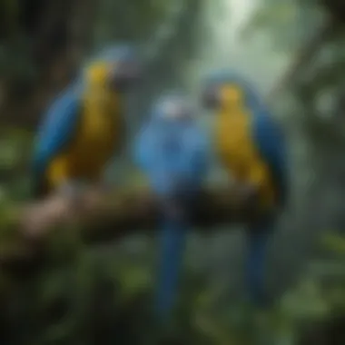 A tranquil habitat for Blue Amazon Parrots, illustrating an enriching environment filled with natural elements.