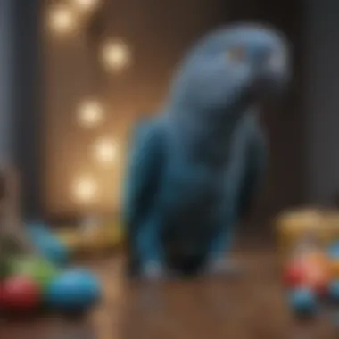 A Blue Amazon Parrot interacting playfully with toys, emphasizing its social and engaging behavior.