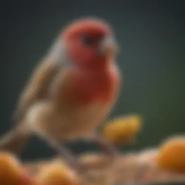 Finch Enjoying a Balanced Diet A close-up of a finch enjoying a balanced diet of seeds and fresh fruits