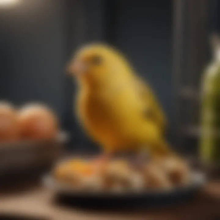 A canary enjoying a meal in its cage, illustrating healthy eating habits.