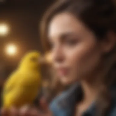 A pet owner interacting with their canary, emphasizing the bond and care.