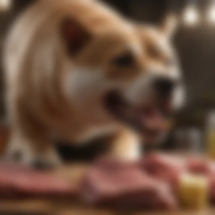 A close-up view of a carnivorous pet's diet showcasing fresh meats and supplements.