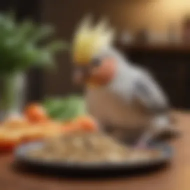 A cockatiel enjoying a balanced meal with a mix of seeds, fresh produce, and water.