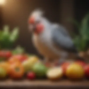 Nutritious Fresh Foods Fresh fruits and vegetables laid out, highlighting nutritious options for cockatiels.