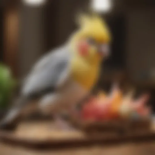 A vibrant cockatiel perched on a feeding station, showcasing its distinct crest and colorful plumage.