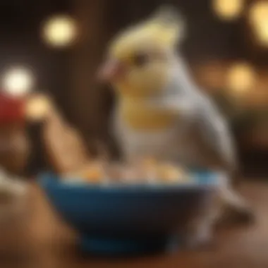 Cockatiel enjoying a nutritious treat from a bowl