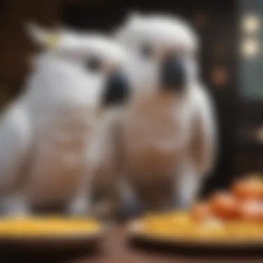 Cockatoos enjoying their balanced meal