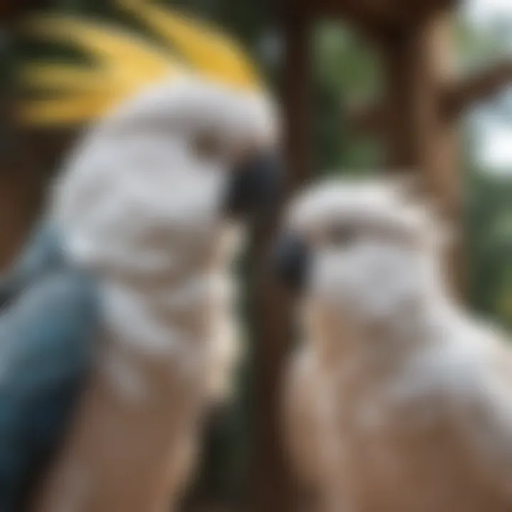 A cockatoo happily interacting with its owner while wearing a flight suit.
