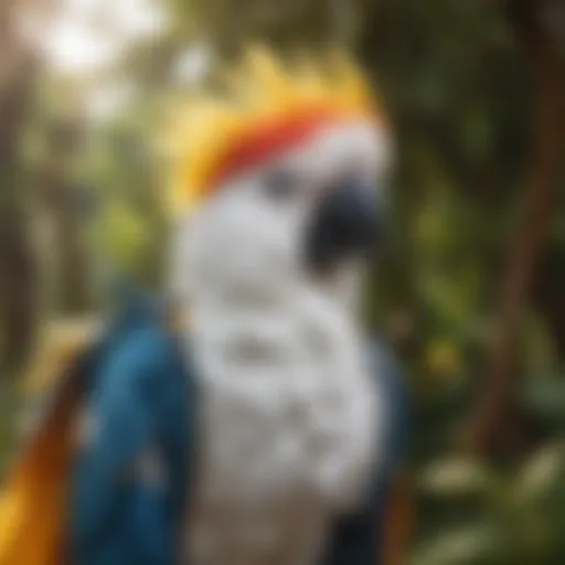 A vibrant cockatoo wearing a colorful flight suit in a natural outdoor setting.