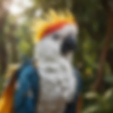 Cockatoo in Flight Suit Outdoors A vibrant cockatoo wearing a colorful flight suit in a natural outdoor setting.