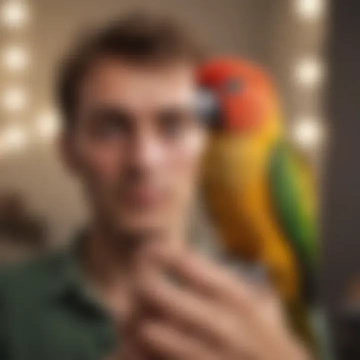 A young conure perched playfully on a hand