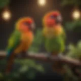A vibrant conure perched on a branch, showcasing its colors and features.