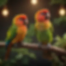 A vibrant conure perched on a branch, showcasing its colors and features.