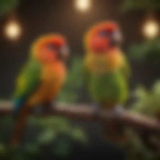 A vibrant conure perched on a branch, showcasing its colors and features.
