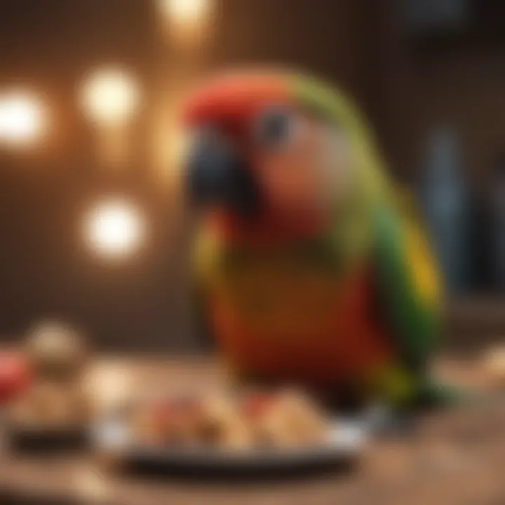 Happy conure enjoying its meal