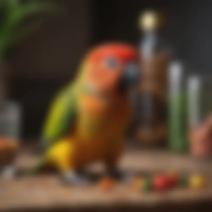 A conure enjoying a balanced diet with added vitamin supplements