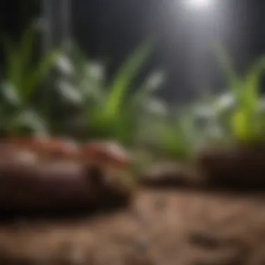 Corn snake basking under a heat lamp in a terrarium