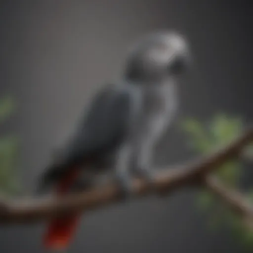 Close-up of an African Grey parrot perched on a branch, showcasing its striking plumage.