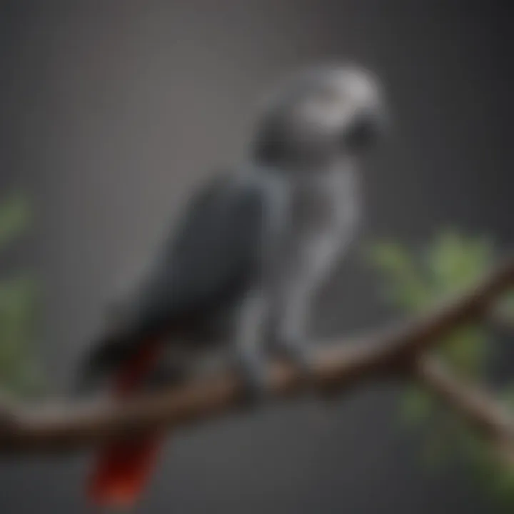 Close-up of an African Grey parrot perched on a branch, showcasing its striking plumage.