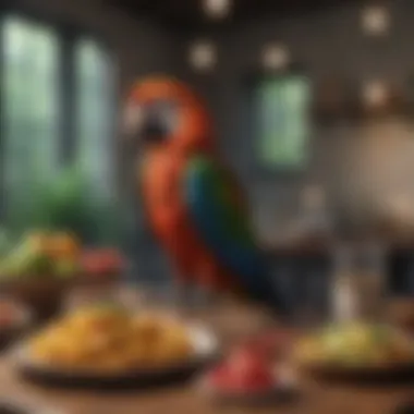 A detailed view of macaw food options arranged on a table.